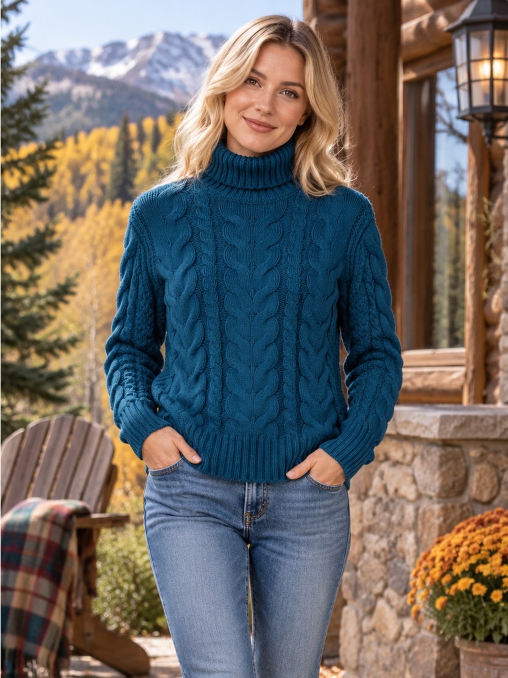 St. John's Bay Women's Cable Knit Turtleneck Sweater XS Teal Blue